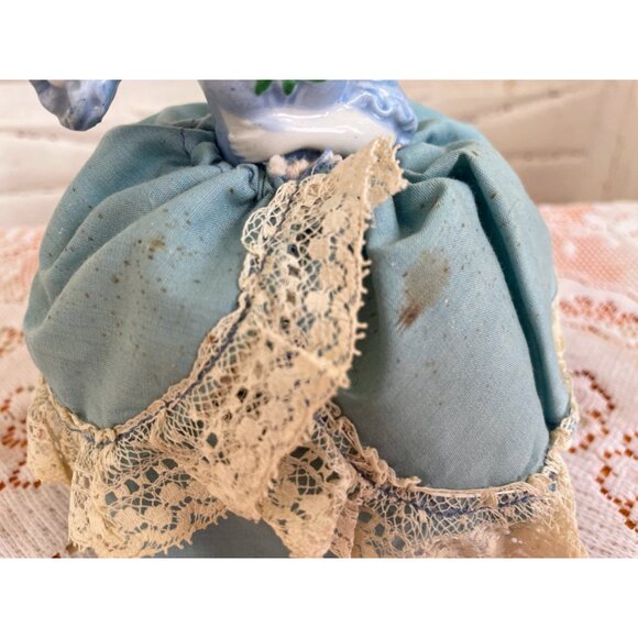 Antique Porcelain Pin Cushion Doll Blue dress with lace - Picture 7 of 10
